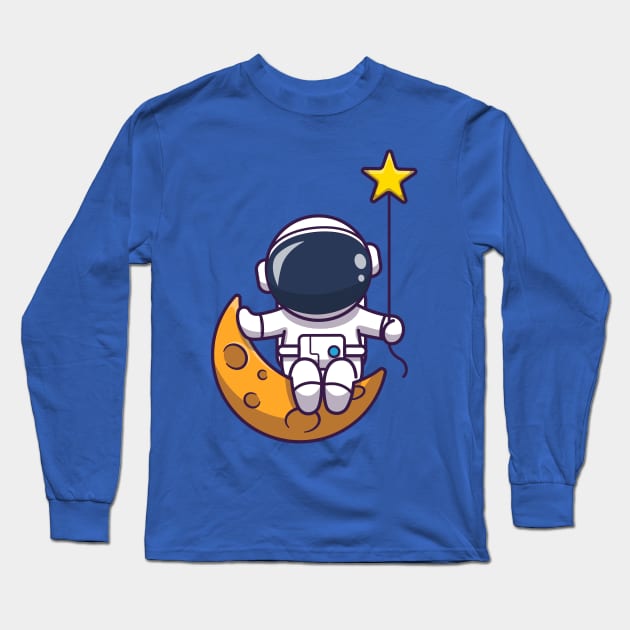 Cute Astronaut Sitting On Moon With Star Cartoon Long Sleeve T-Shirt by Catalyst Labs